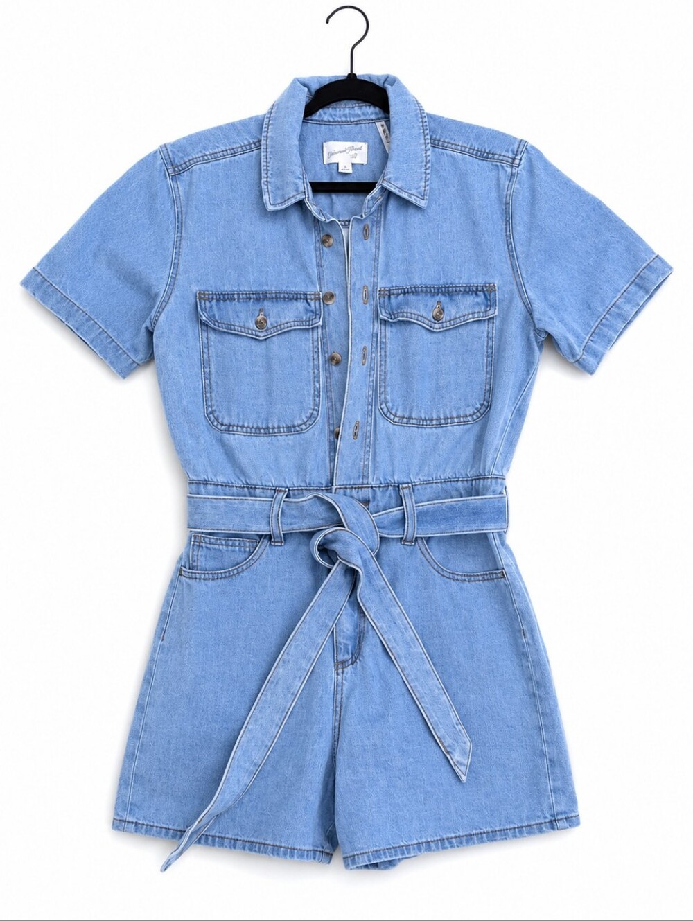 Universal Thread Light Blue Denim Short-Sleeve Romper with Tie - Size 6